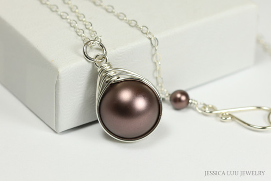 Sterling silver wire wrapped 12mm velvet brown pearl solitaire pendant on chain necklace handmade by Jessica Luu Jewelry