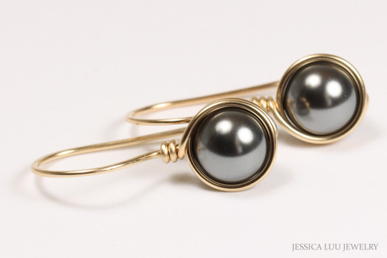 14K yellow gold filled wire wrapped dark grey pearl drop earrings handmade by Jessica Luu Jewelry