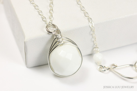 Sterling silver wire wrapped 12mm round faceted white alabaster gemstone solitaire pendant on chain necklace handmade by Jessica Luu Jewelry