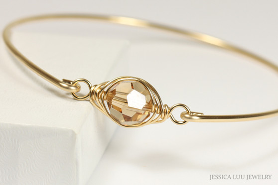 14K yellow gold filled wire wrapped champagne crystal bangle bracelet handmade by Jessica Luu Jewelry