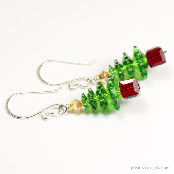 Sterling silver green crystal Christmas tree dangle earrings handmade by Jessica Luu Jewelry