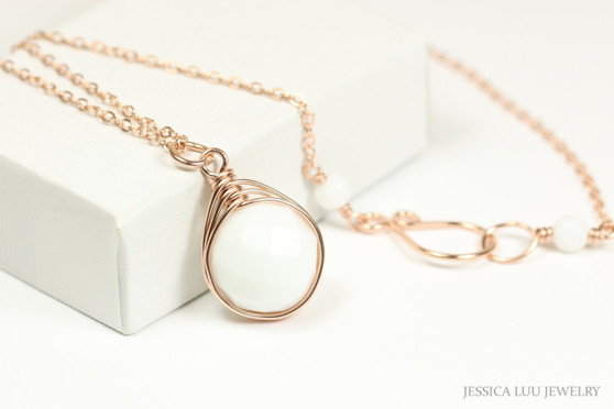14K rose gold filled wire wrapped 12mm round faceted white alabaster gemstone solitaire pendant on chain necklace handmade by Jessica Luu Jewelry