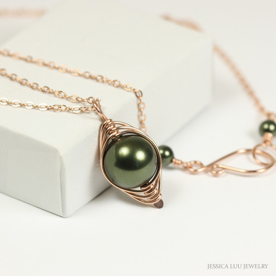14K rose gold filled herringbone wire wrapped 10mm dark olive green pearl solitaire pendant on 18 inch chain necklace handmade by Jessica Luu Jewelry