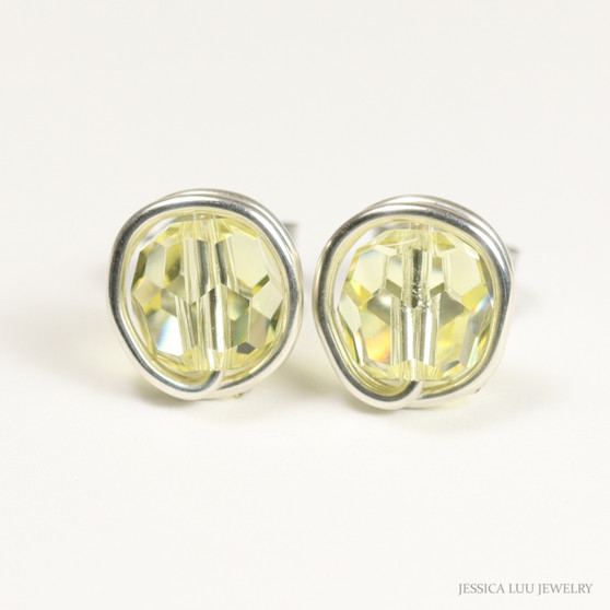 Sterling silver wire wrapped 6mm faceted round pale light yellow jonquil crystal stud earrings handmade by Jessica Luu Jewelry