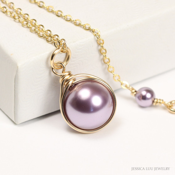 10mm mauve light purple pearl single solitaire pendant necklace in 14K yellow gold filled handmade by Jessica Luu Jewelry