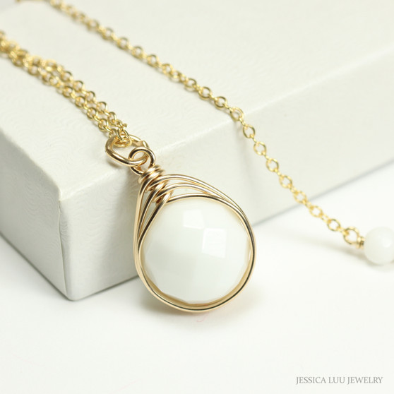 14K yellow gold filled wire wrapped 12mm round faceted white alabaster gemstone solitaire pendant on chain necklace handmade by Jessica Luu Jewelry
