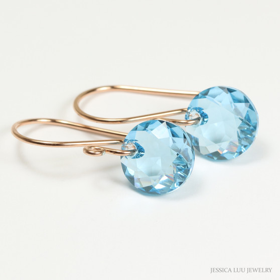14K rose gold filled dangle earrings with 10mm aquamarine blue Austrian crystal dangles handmade by Jessica Luu Jewelry