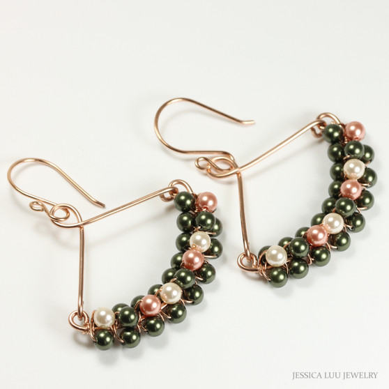 14K rose gold filled dangle beaded earrings with 4mm dark olive green and peach pearls handmade by Jessica Luu Jewelry