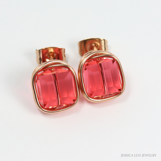 14K rose gold filled wire wrapped stud earrings with 8mm faceted cube salmon pink Austrian crystals handmade by Jessica Luu Jewelry