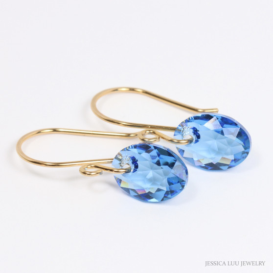 14K yellow gold filled dangle earrings with 11.5mm sky blue faceted oval Austrian crystals handmade by Jessica Luu Jewelry