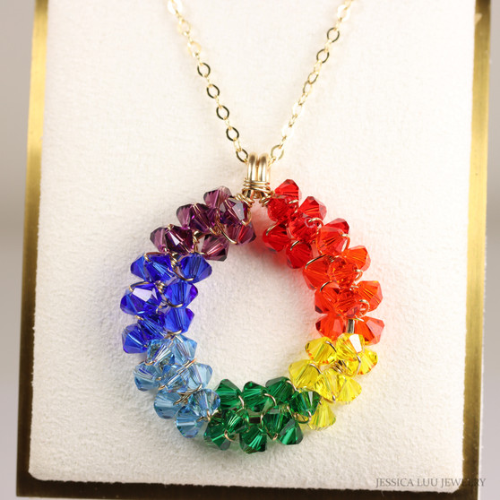 14kK yellow gold filled wire wrapped rainbow Austrian crystal pendant on chain necklace handmade by Jessica Luu Jewelry
