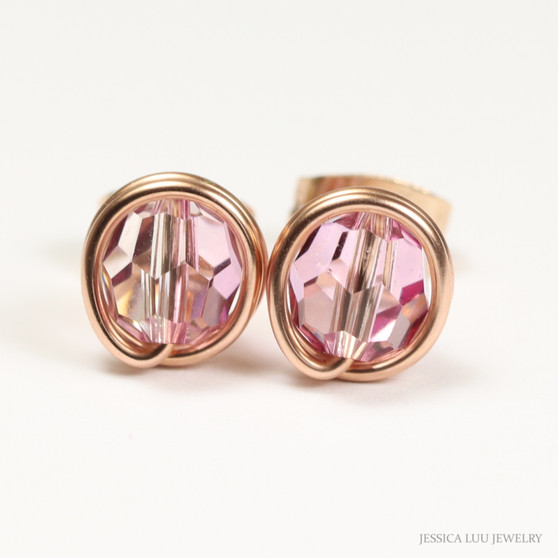 14K rose gold filled stud earrings with 6mm orchid pink Austrian crystals handmade by Jessica Luu Jewelry