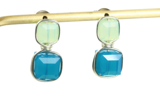 Sterling silver wire wrapped drop earrings with light green and turquoise blue faceted square cube Austrian crystals handmade by Jessica Luu Jewelry