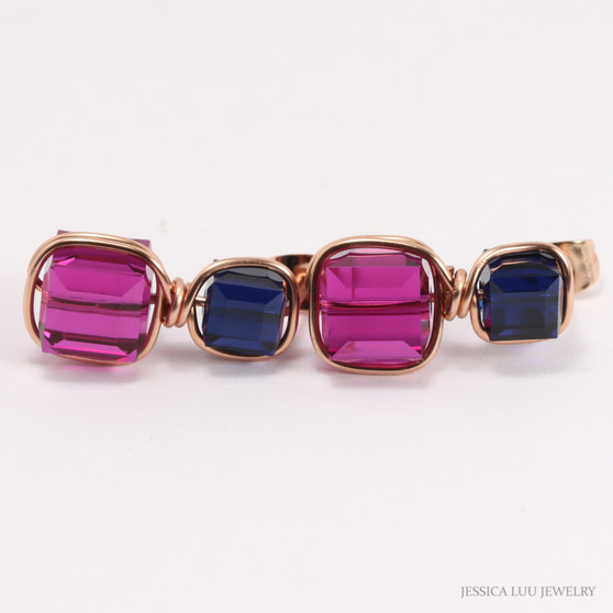 14K rose gold filled wire wrapped earrings with 6mm navy blue faceted cube Austrian crystal posts and 8mm fuchsia pink purple faceted cube Austrian crystal drops handmade by Jessica Luu Jewelry