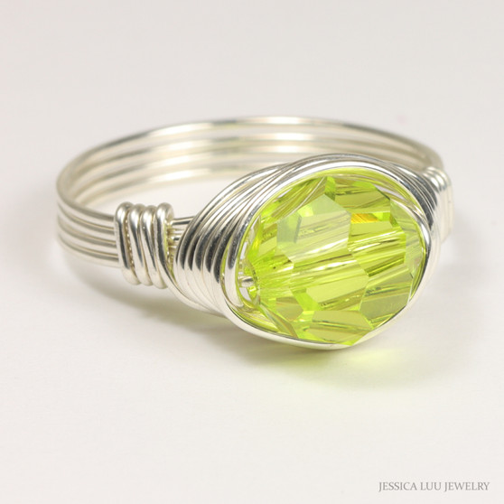 Sterling silver chartreuse green 8mm faceted round Austrian crystal solitaire right hand ring handmade by Jessica Luu Jewelry
