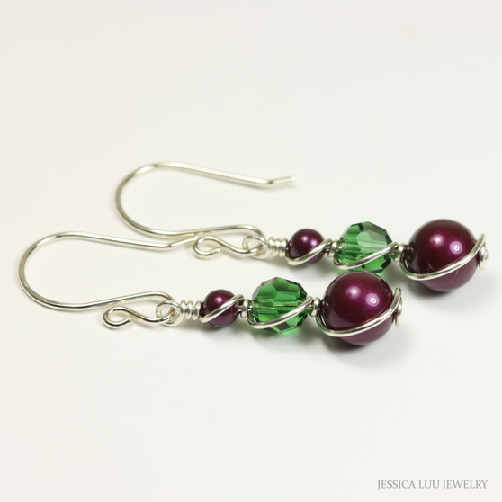 Sterling silver wire wrapped dangle earrings with blackberry purple pearls and green tourmaline crystals handmade by Jessica Luu Jewelry