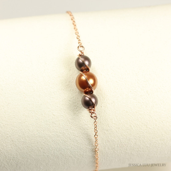 Chocolate brown and copper colored pearls in 14K rose gold filled chain bracelet with hook and eye clasp handmade by Jessica Luu Jewelry