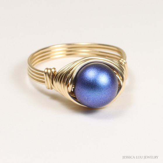 14K yellow gold filled wire wrapped ring with 8mm iridescent dark blue pearl solitaire handmade by Jessica Luu Jewelry