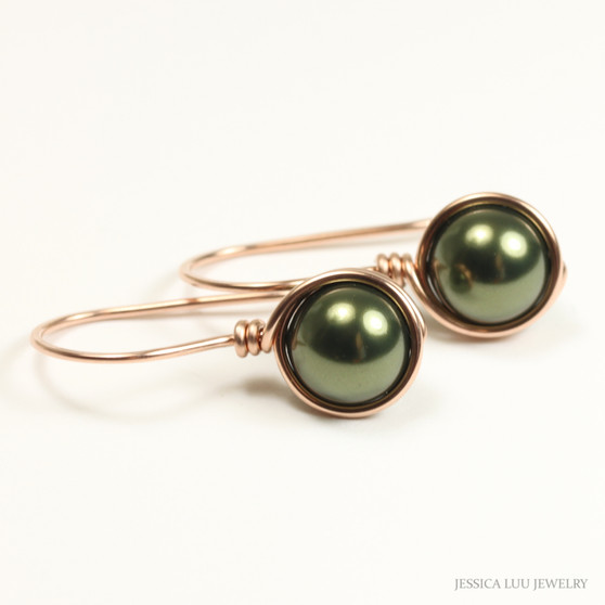 8mm dark olive green pearl drop earrings wrapped in 14K rose gold filled wire handmade by Jessica Luu Jewelry