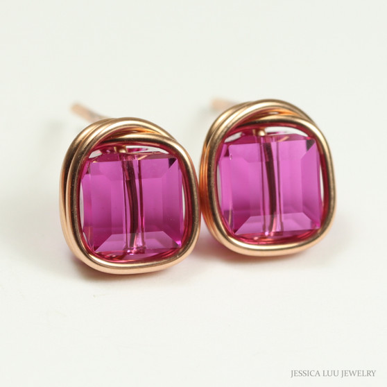 6mm pink purple fuchsia Austrian crystal square cube stud earrings in 14K rose gold filled wire wrapped setting handmade by Jessica Luu Jewelry