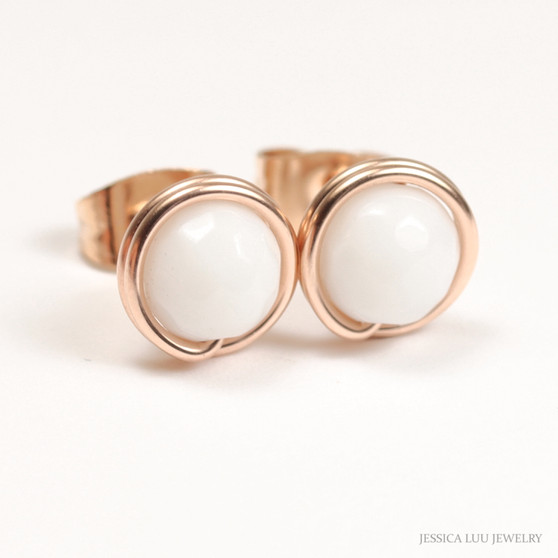 14K rose gold filled wire wrapped 6mm faceted round white alabaster gemstone stud earrings handmade by Jessica Luu Jewelry