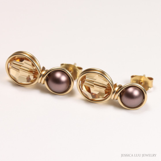 6mm chocolate brown pearl and 8mm light Colorado topaz Austrian crystal drop earrings in 14K yellow gold filled wire wrapped setting handmade by Jessica Luu Jewelry