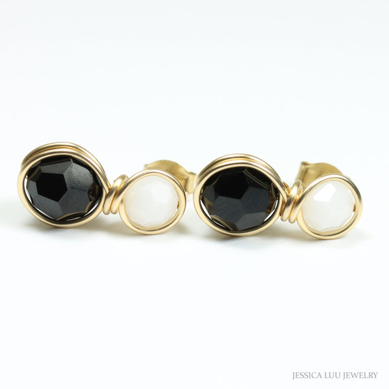 Jet black and white alabaster faceted Austrian crystal earrings in 14K yellow gold filled wire wrapped setting with post backings handmade by Jessica Luu Jewelry