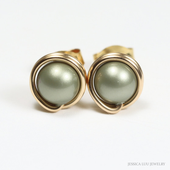 6mm sage green pearl stud earrings in 14K yellow gold filled wire wrapped setting handmade by Jessica Luu Jewelry