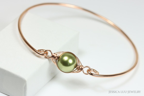 14K rose gold filled wire wrapped bangle bracelet with 10mm olive pearl solitaire handmade by Jessica Luu Jewelry