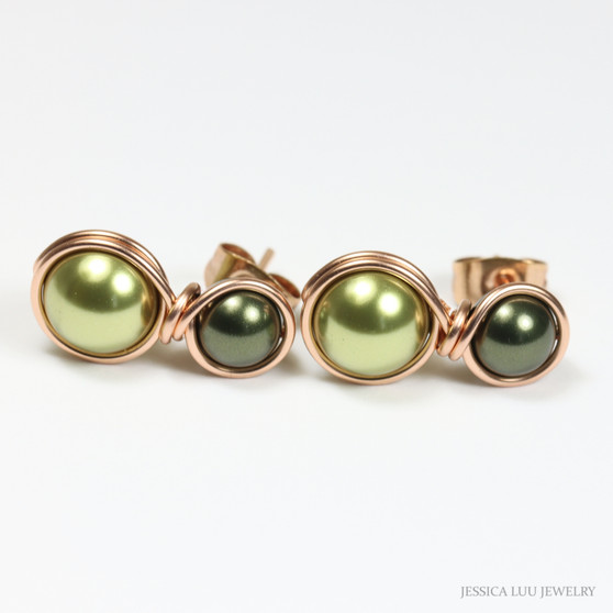 Two tone Dark and Light Olive green pearl drop earrings in 14K rose gold filled wire wrapped setting handmade by Jessica Luu Jewelry