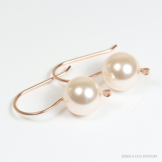 10mm ivory pearl drop earrings with 14K rose gold filled hook ear wires handmade by Jessica Luu Jewelry