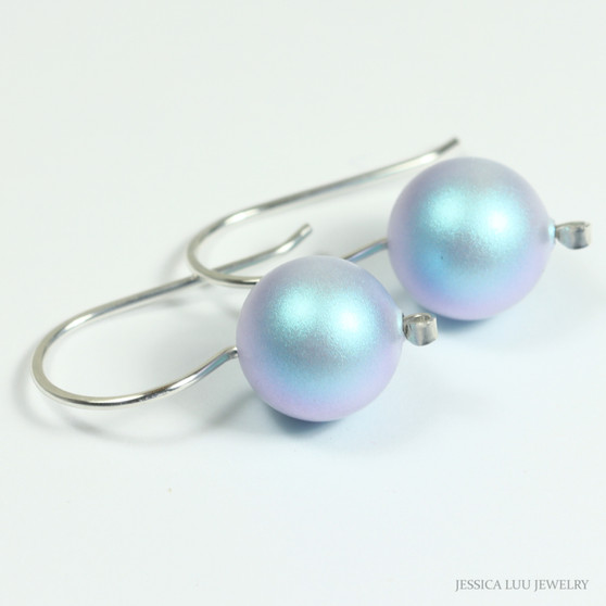 10mm iridescent light blue pearl drop earrings with sterling silver hook ear wires handmade by Jessica Luu Jewelry