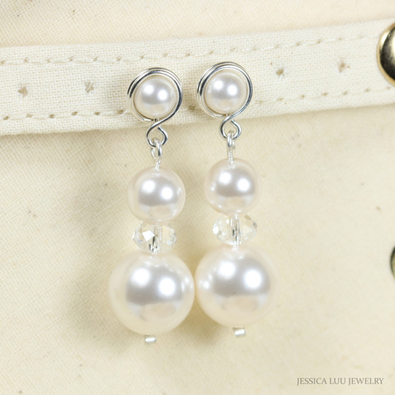 White pearl and crystal dangle earrings with white pearl posts in sterling silver wire wrapped setting handmade by Jessica Luu Jewelry