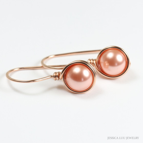 8mm peach pearl drop earrings in 14K rose gold filled wire wrapped setting handmade by Jessica Luu Jewelry