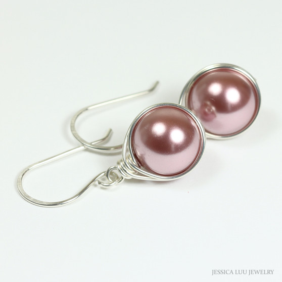 10mm blush pink pearl dangle earrings in sterling silver wire wrapped setting handmade by Jessica Luu Jewelry