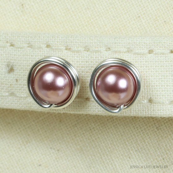6mm blush pink pearl stud earrings in sterling silver wire wrapped setting handmade by Jessica Luu Jewelry