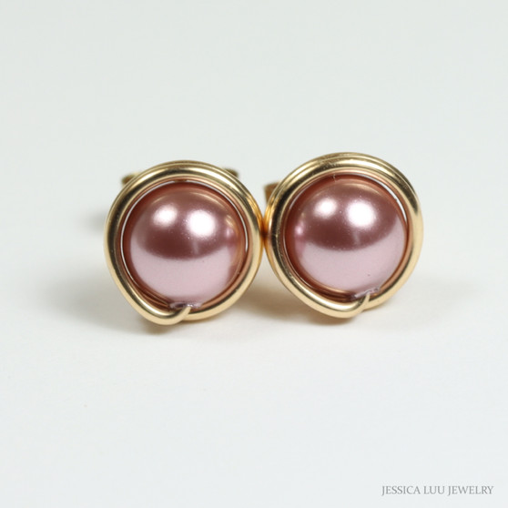 6mm blush pink pearl stud earrings in 14K yellow gold filled wire wrapped setting handmade by Jessica Luu Jewelry