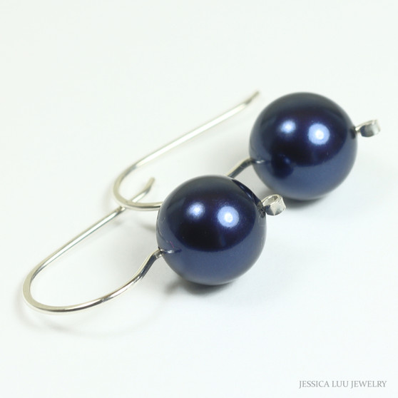 10mm navy blue pearl drop earrings with sterling silver hook ear wires handmade by Jessica Luu Jewelry