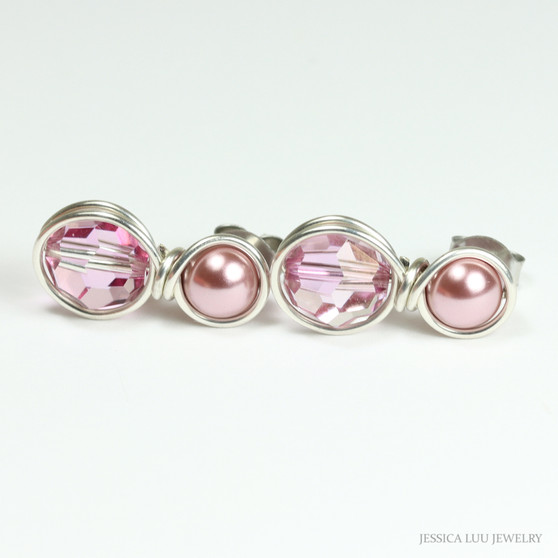 Pink pearl and crystal earrings in sterling silver wire wrapped setting handmade by Jessica Luu Jewelry