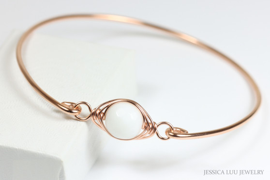 14K rose gold filled bangle bracelet with 10mm white alabaster faceted gemstone solitaire handmade by Jessica Luu Jewelry