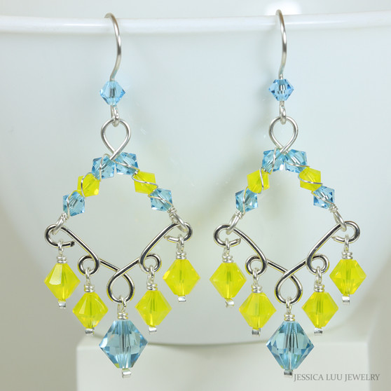 Sterling silver chandelier earrings with aquamarine blue and yellow Austrian crystals handmade by Jessica Luu Jewelry