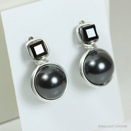 Pearl and crystal earrings with 12mm black pearls in sterling silver wire wrapped setting handmade by Jessica Luu Jewelry