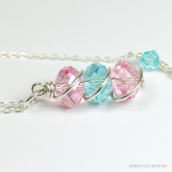 Pink and blue Austrian crystal pendant on sterling silver 18 inch long chain necklace handmade by Jessica Luu Jewelry