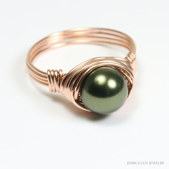 8mm dark olive green pearl solitaire ring with 14K rose gold filled wire wrapped setting and band handmade by Jessica Luu Jewelry