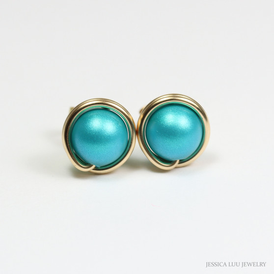 6mm teal blue green pearl stud earrings in 14K yellow gold filled wire wrapped setting handmade by Jessica Luu Jewelry