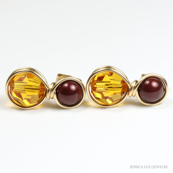 Topaz orange Austrian crystal and maroon pearl drop earrings in 14K yellow gold filled wire wrapped setting handmade by Jessica Luu Jewelry