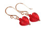 14K rose gold filled earrings with light siam redcrystal heart dangles handmade by Jessica Luu Jewelry