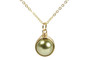 14K yellow gold filled wire wrapped olive green pearl solitaire pendant on chain necklace handmade by Jessica Luu Jewelry