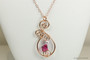 14K rose gold wire wrapped pendant necklace with fuchsia crystal and lavender pearl handmade by Jessica Luu Jewelry