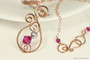 14K rose gold wire wrapped pendant necklace with fuchsia crystal and lavender pearl handmade by Jessica Luu Jewelry